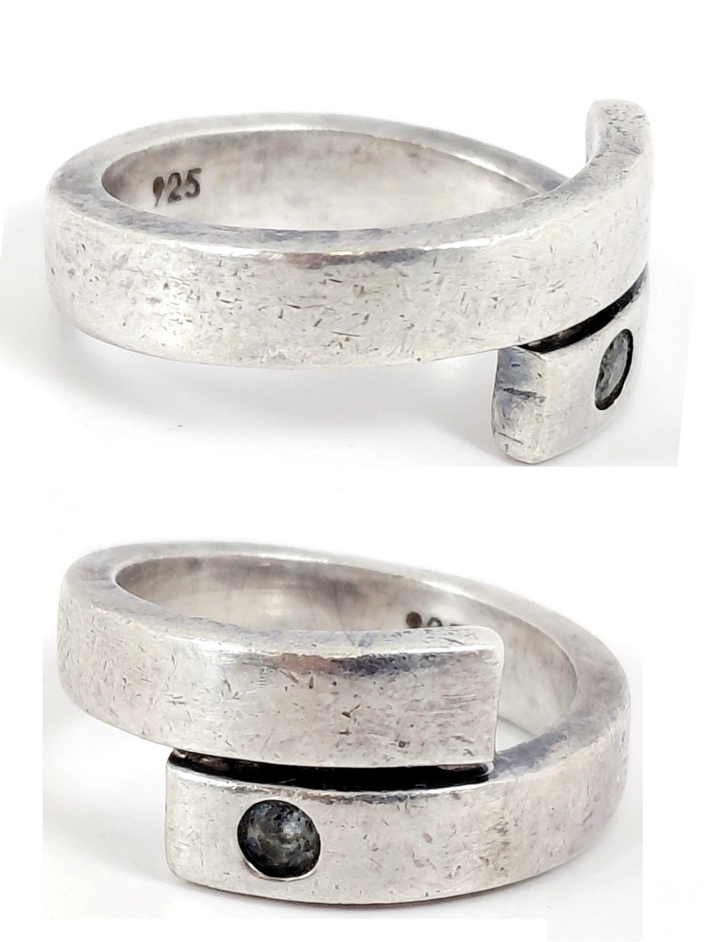 Sterling Silver Bypass Ring with Blue Stone